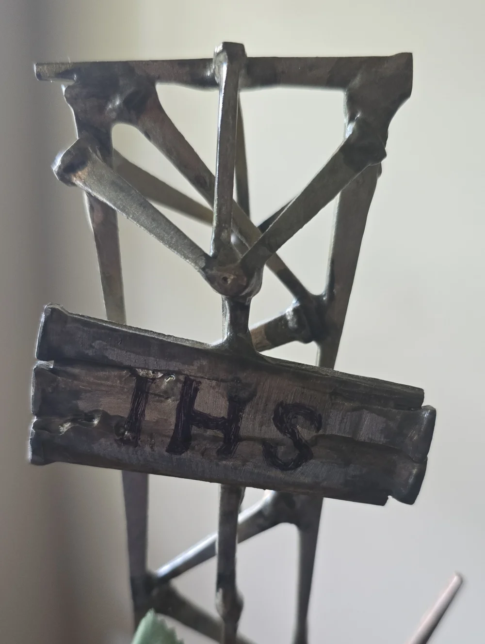 Artisan Brutalist Industrial folk art Nail Cross Rose Accent Wood Base Christian